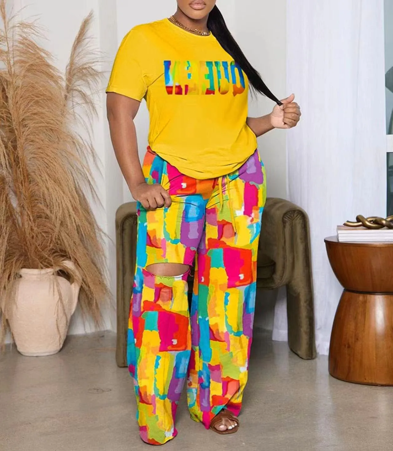2 Piece Outfits for Women Matching Sets Short Sleeve Tunic Top Wide Legs Long Pants Summer Sweatsuits Loungewear