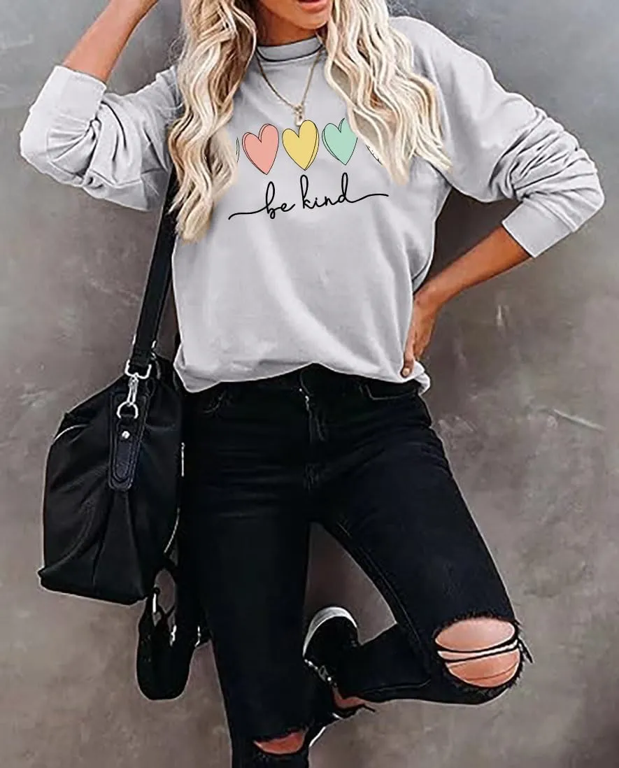 ALUS Womens Casual Crewneck Sweatshirt Long Sleeve Tops Cute Pullover Loose Fit