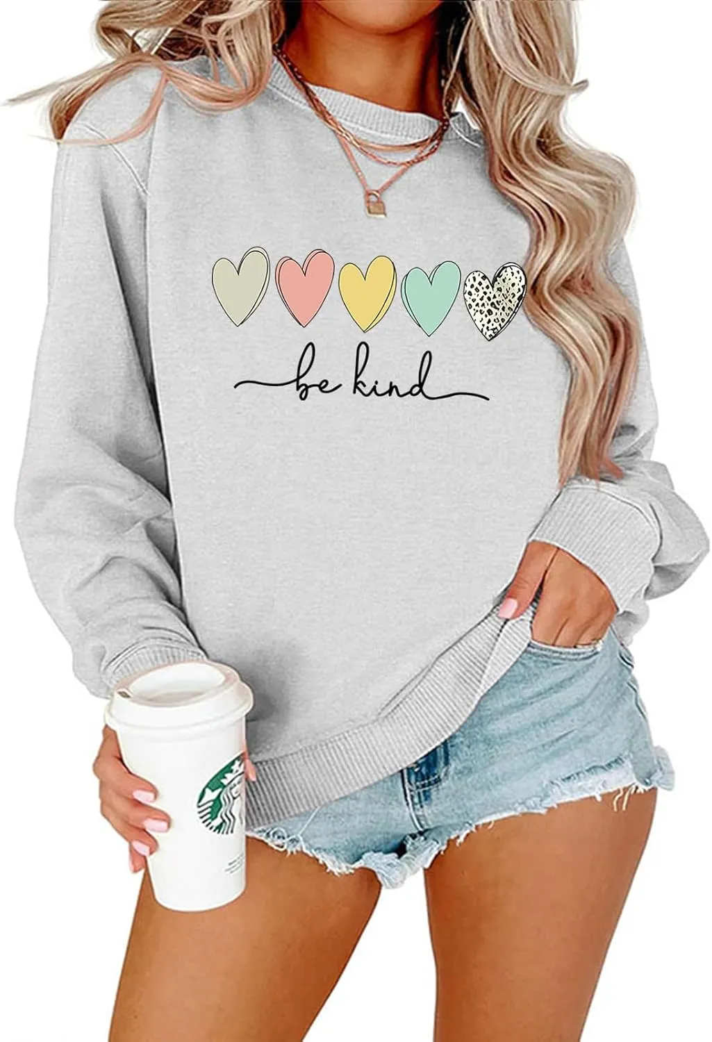 ALUS Womens Casual Crewneck Sweatshirt Long Sleeve Tops Cute Pullover Loose Fit