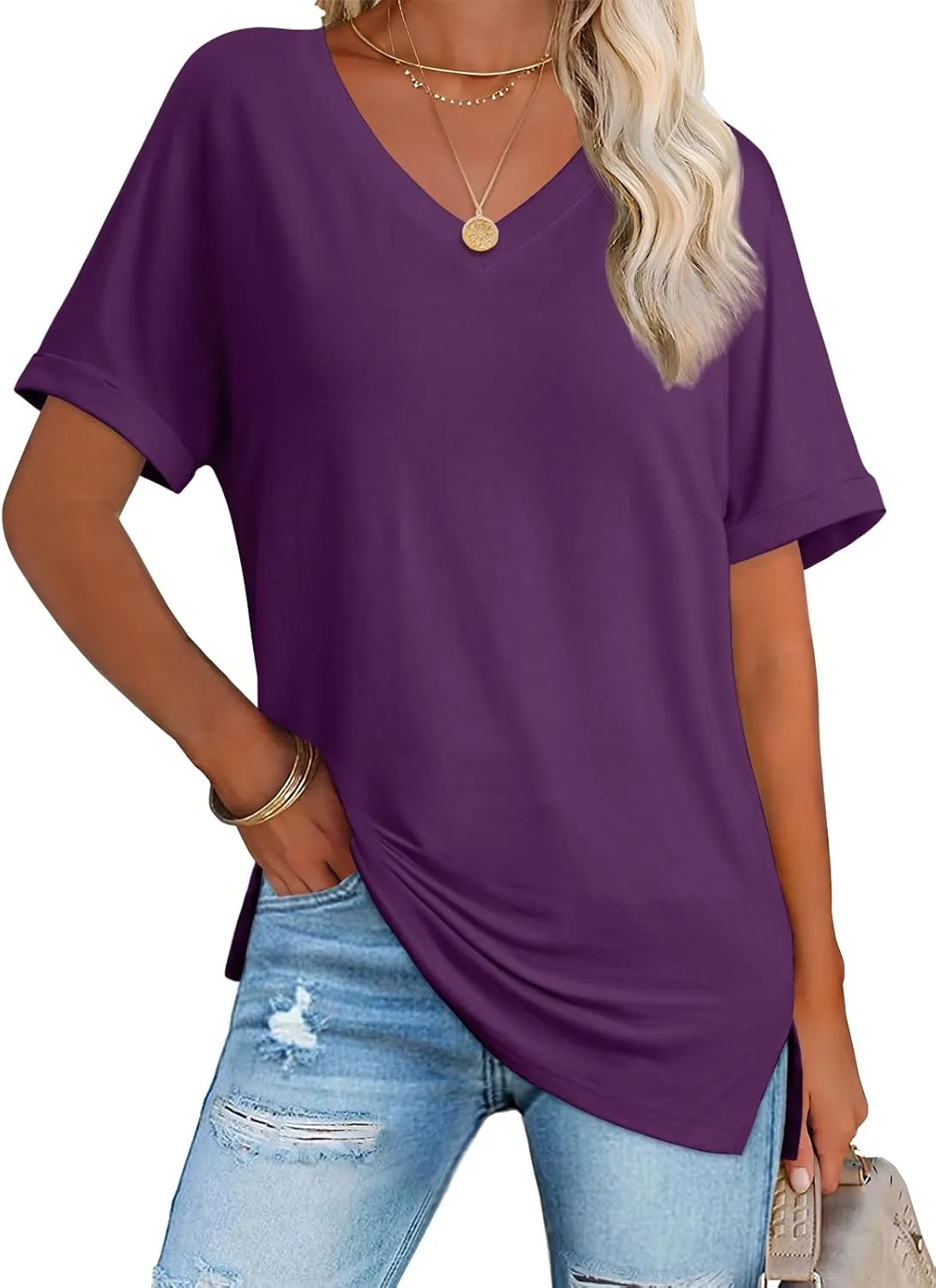 ATHMILE Womens Summer 2025 V Neck Casual Tunic Tops Spring Fashion Basic Trendy Outfits