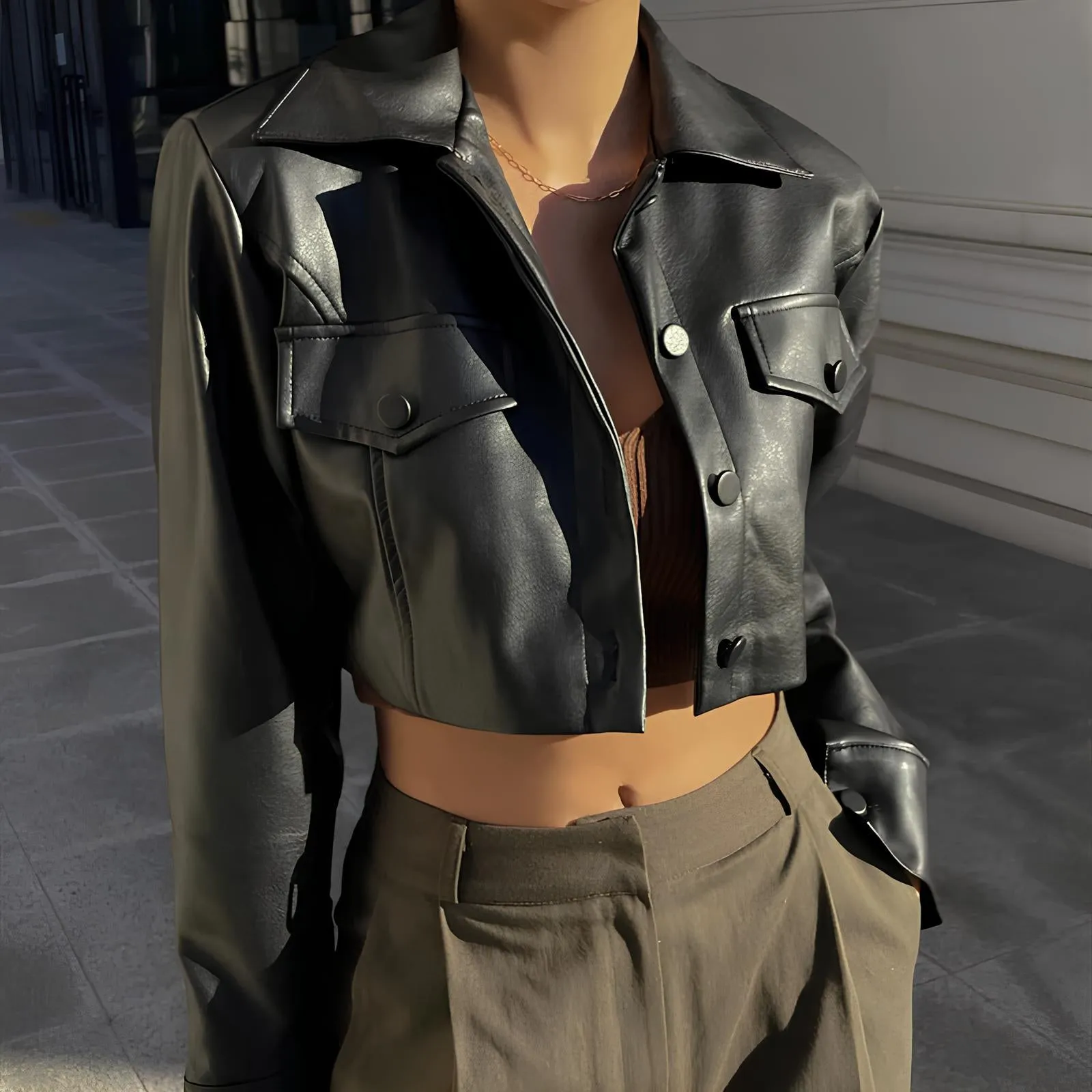 Autumn Faux Leather Short Jacket  Bold Y2K Street Style