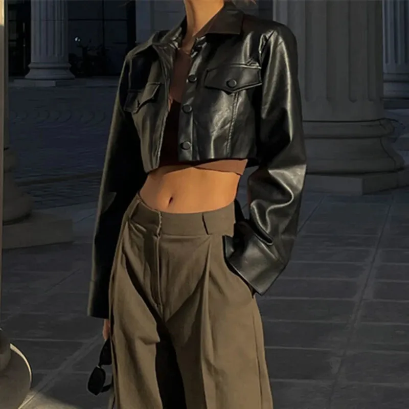 Autumn Faux Leather Short Jacket  Bold Y2K Street Style