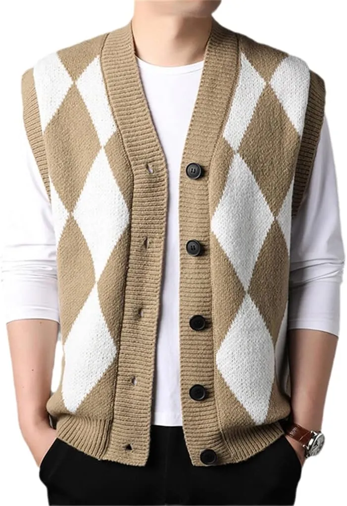Bciopll Men Buttons Down Sleeveless Argyle Sweater Vest Knit Jacket Plus Size