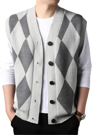 Bciopll Men Buttons Down Sleeveless Argyle Sweater Vest Knit Jacket Plus Size