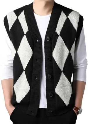 Bciopll Men Buttons Down Sleeveless Argyle Sweater Vest Knit Jacket Plus Size