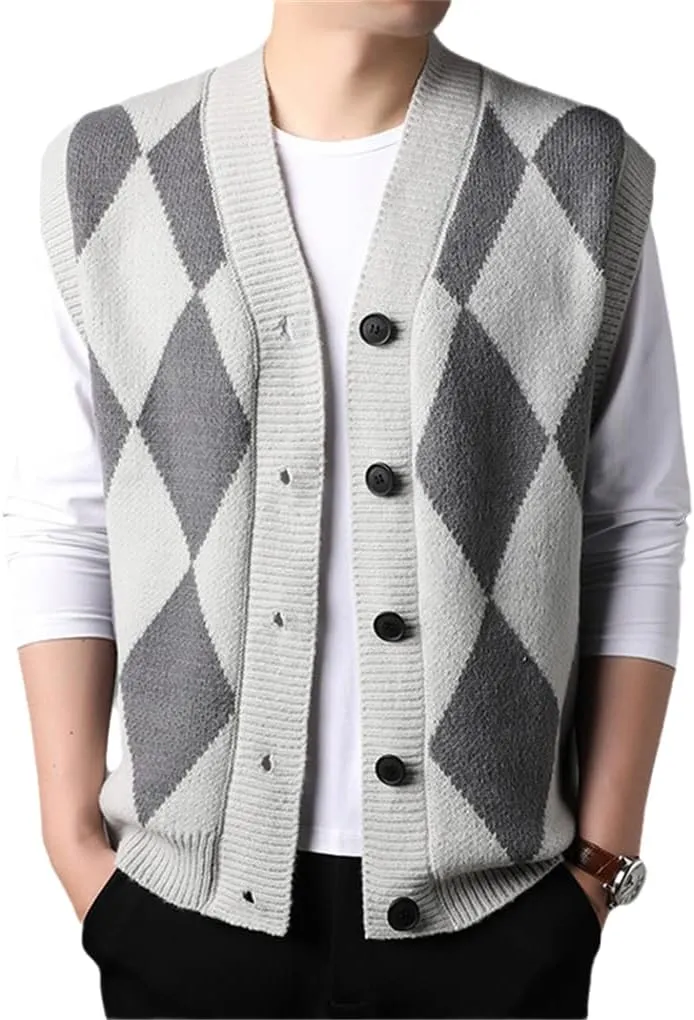 Bciopll Men Buttons Down Sleeveless Argyle Sweater Vest Knit Jacket Plus Size