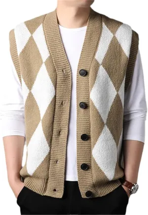 Bciopll Men Buttons Down Sleeveless Argyle Sweater Vest Knit Jacket Plus Size