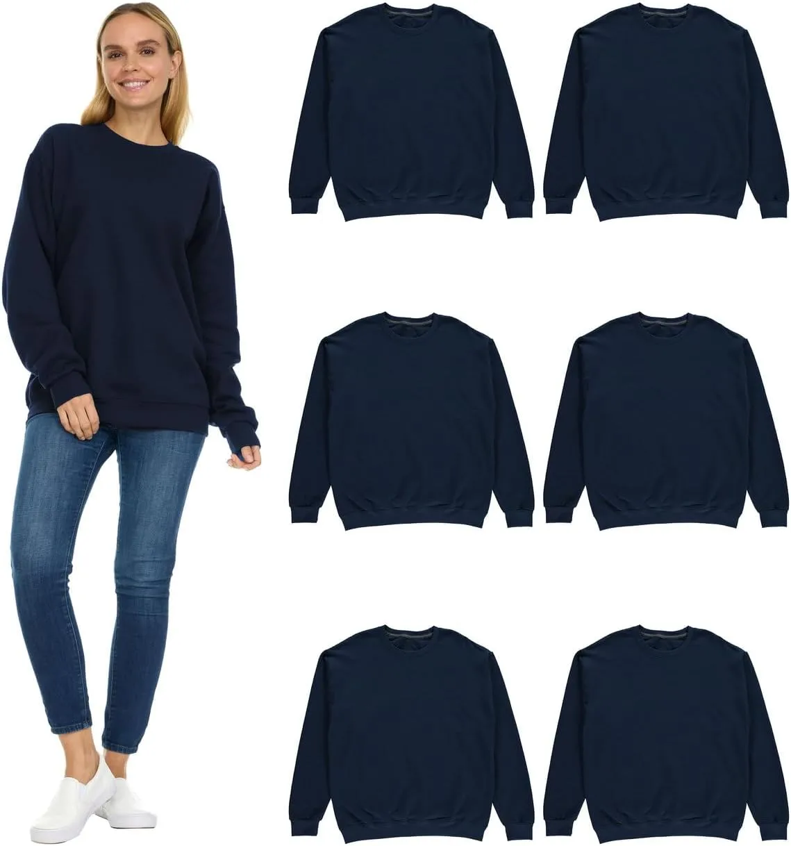 BILLIONHATS 6 Pack Women’s Oversized Crew Neck Sweatshirt, Fleece Lined, Bulk Wholesale Sweatshirts for Charities & Events