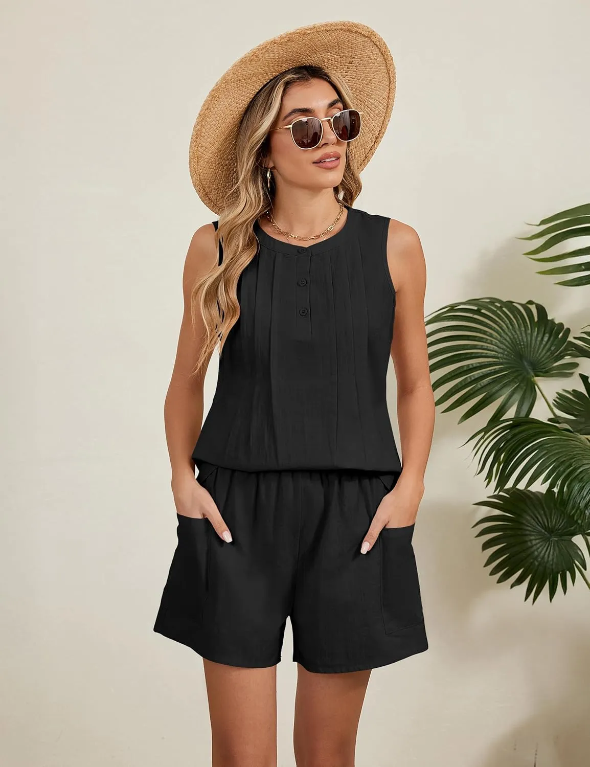 Blooming Jelly Womens Summer Two Piece Sets Vacation Outfits Pleated Button Linen Matching Set Tank Top Shorts with Pockets