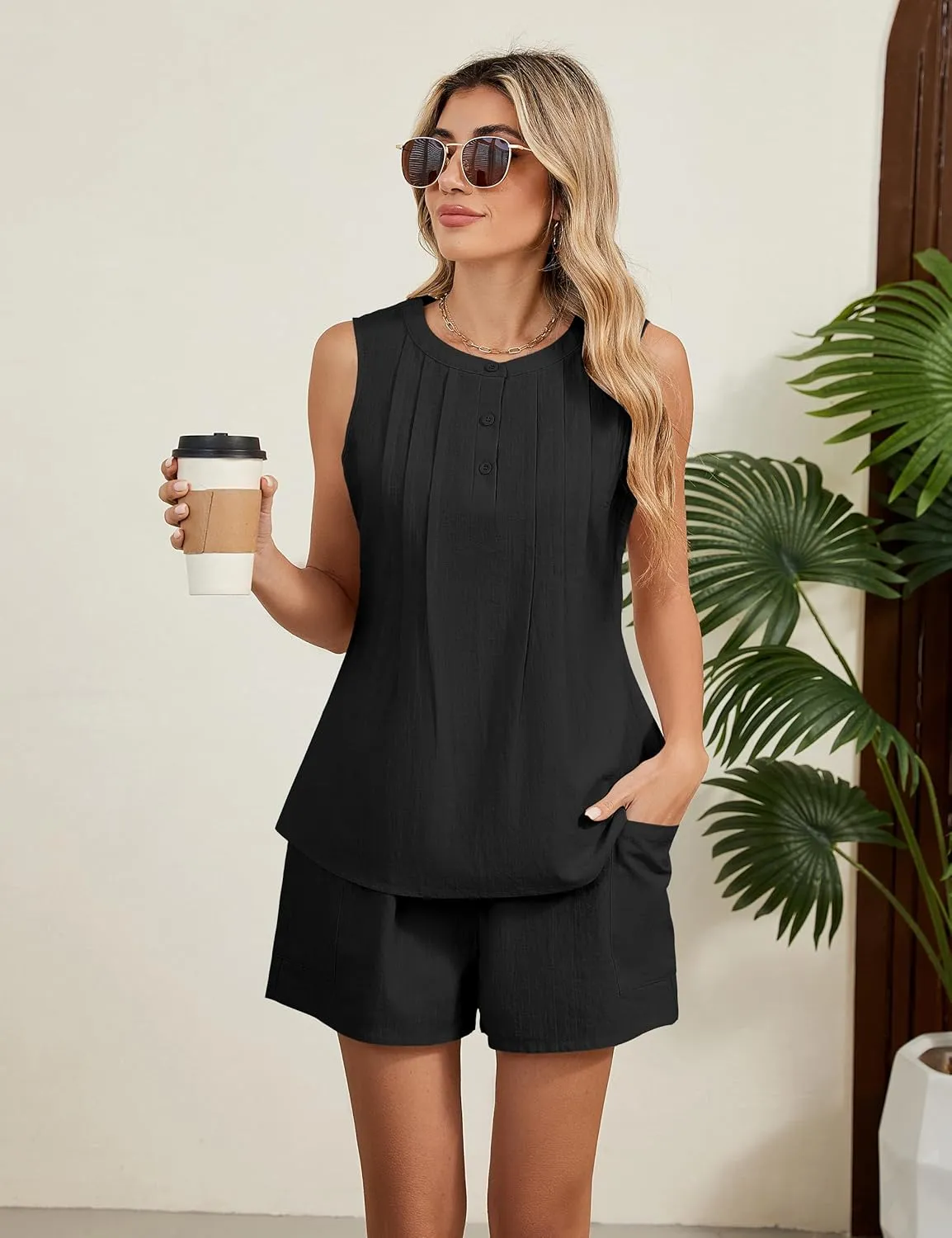 Blooming Jelly Womens Summer Two Piece Sets Vacation Outfits Pleated Button Linen Matching Set Tank Top Shorts with Pockets