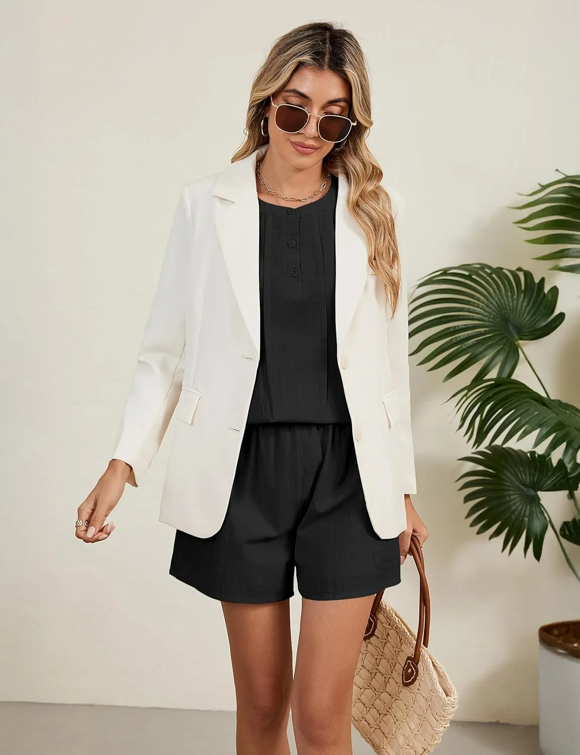 Blooming Jelly Womens Summer Two Piece Sets Vacation Outfits Pleated Button Linen Matching Set Tank Top Shorts with Pockets