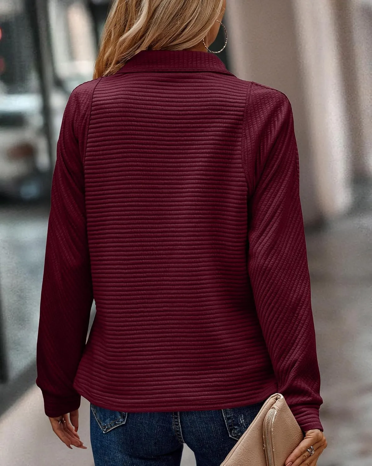 BTFBM Womens 2024 Fall Fashion Quarter Zip Sweatshirts Half Zip Casual Long Sleeve Solid Color V Neck Pullover Tops