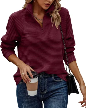 BTFBM Womens 2024 Fall Fashion Quarter Zip Sweatshirts Half Zip Casual Long Sleeve Solid Color V Neck Pullover Tops