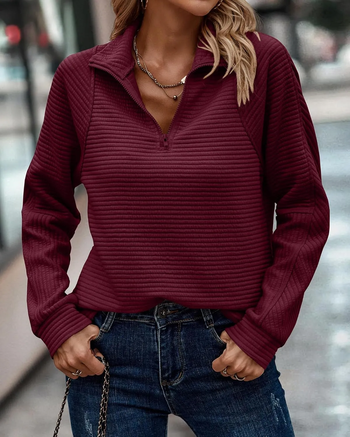 BTFBM Womens 2024 Fall Fashion Quarter Zip Sweatshirts Half Zip Casual Long Sleeve Solid Color V Neck Pullover Tops