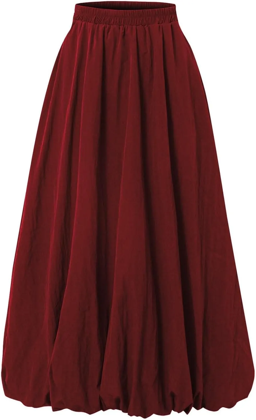 Bubble Skirts for Women Trendy Casual Elastic High Waisted Puffy Flowy Skirt Long Pleated Midi Skirt with Pockets