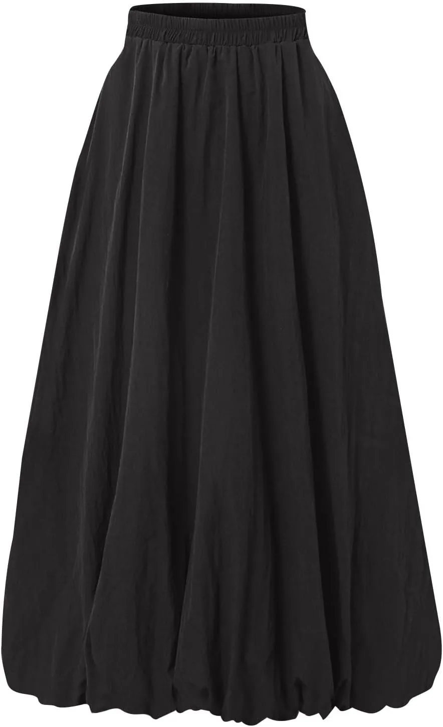 Bubble Skirts for Women Trendy Casual Elastic High Waisted Puffy Flowy Skirt Long Pleated Midi Skirt with Pockets