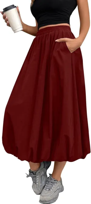 Bubble Skirts for Women Trendy Casual Elastic High Waisted Puffy Flowy Skirt Long Pleated Midi Skirt with Pockets