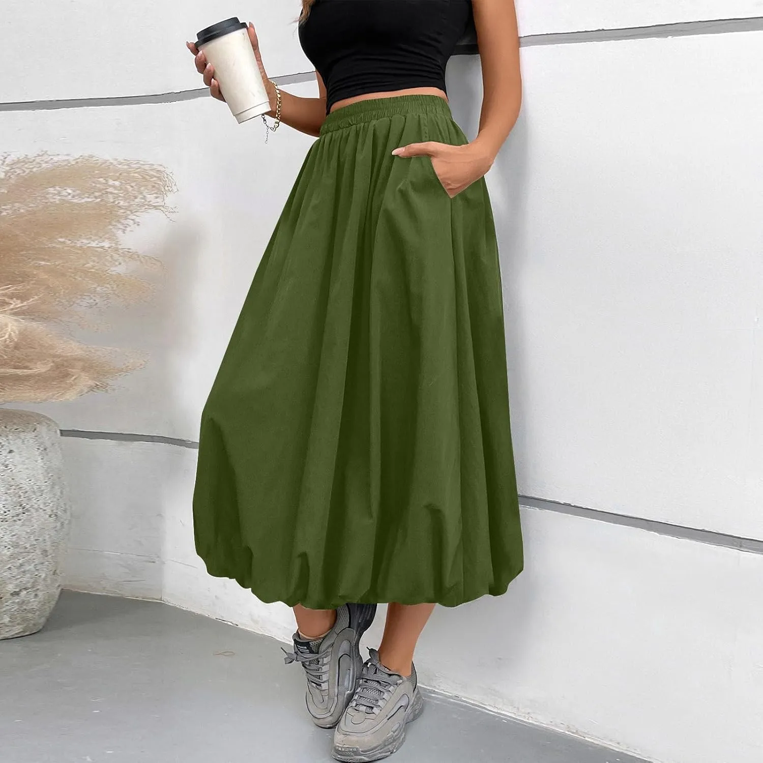 Bubble Skirts for Women Trendy Casual Elastic High Waisted Puffy Flowy Skirt Long Pleated Midi Skirt with Pockets