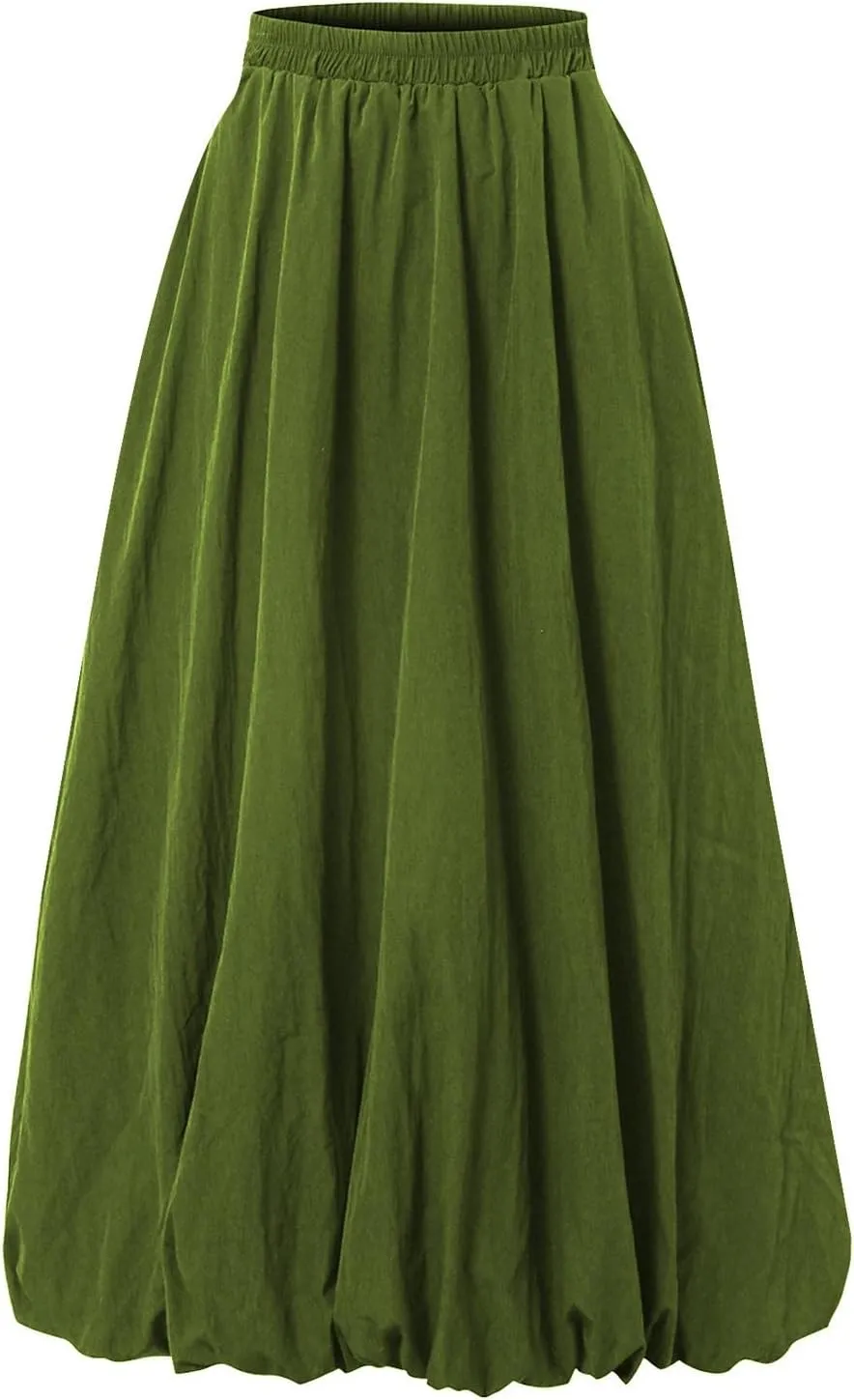 Bubble Skirts for Women Trendy Casual Elastic High Waisted Puffy Flowy Skirt Long Pleated Midi Skirt with Pockets