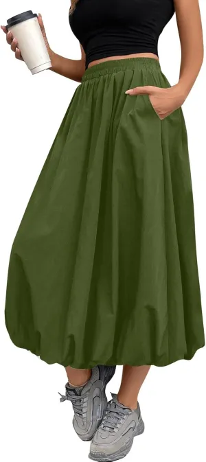 Bubble Skirts for Women Trendy Casual Elastic High Waisted Puffy Flowy Skirt Long Pleated Midi Skirt with Pockets