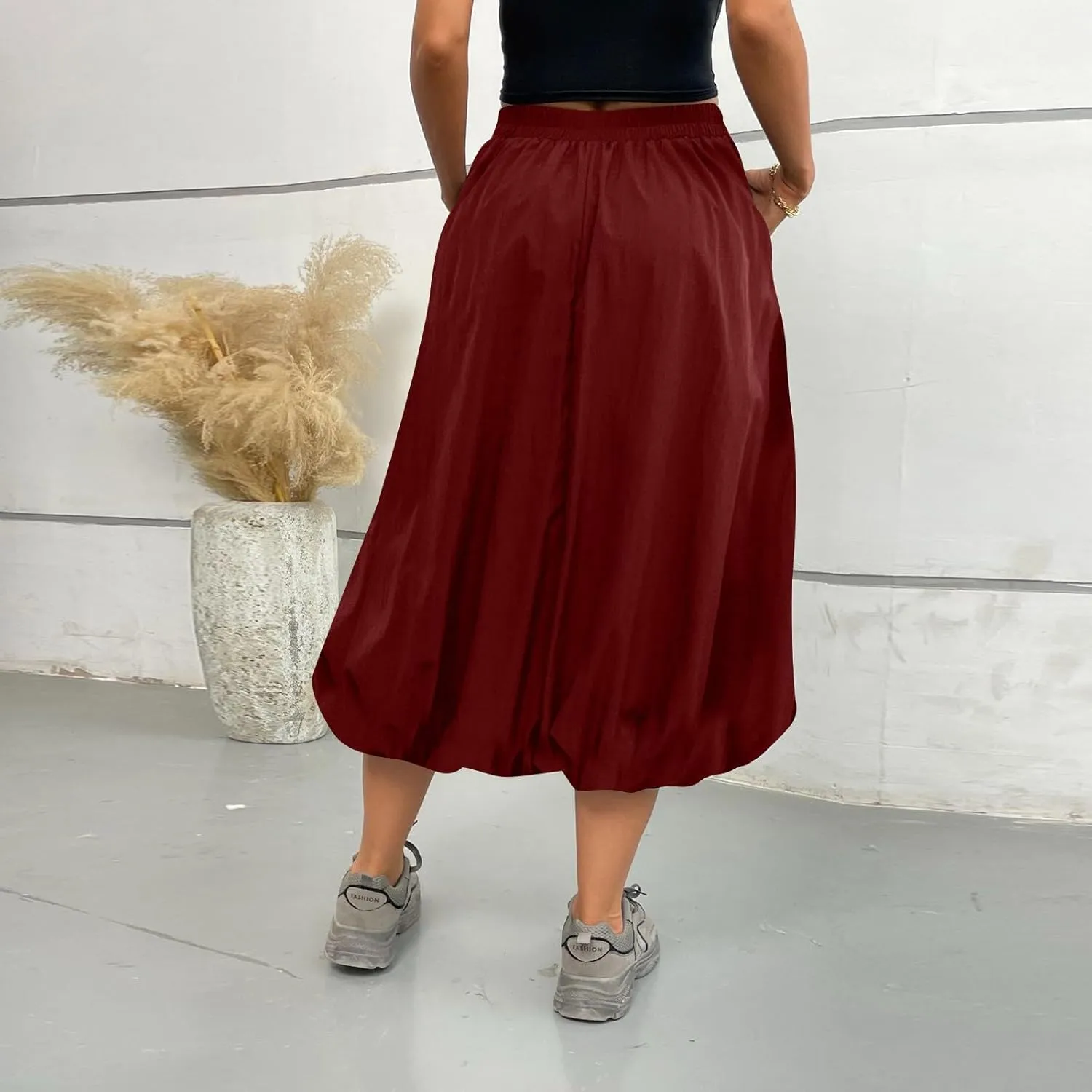 Bubble Skirts for Women Trendy Casual Elastic High Waisted Puffy Flowy Skirt Long Pleated Midi Skirt with Pockets