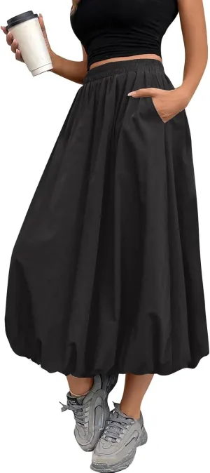 Bubble Skirts for Women Trendy Casual Elastic High Waisted Puffy Flowy Skirt Long Pleated Midi Skirt with Pockets