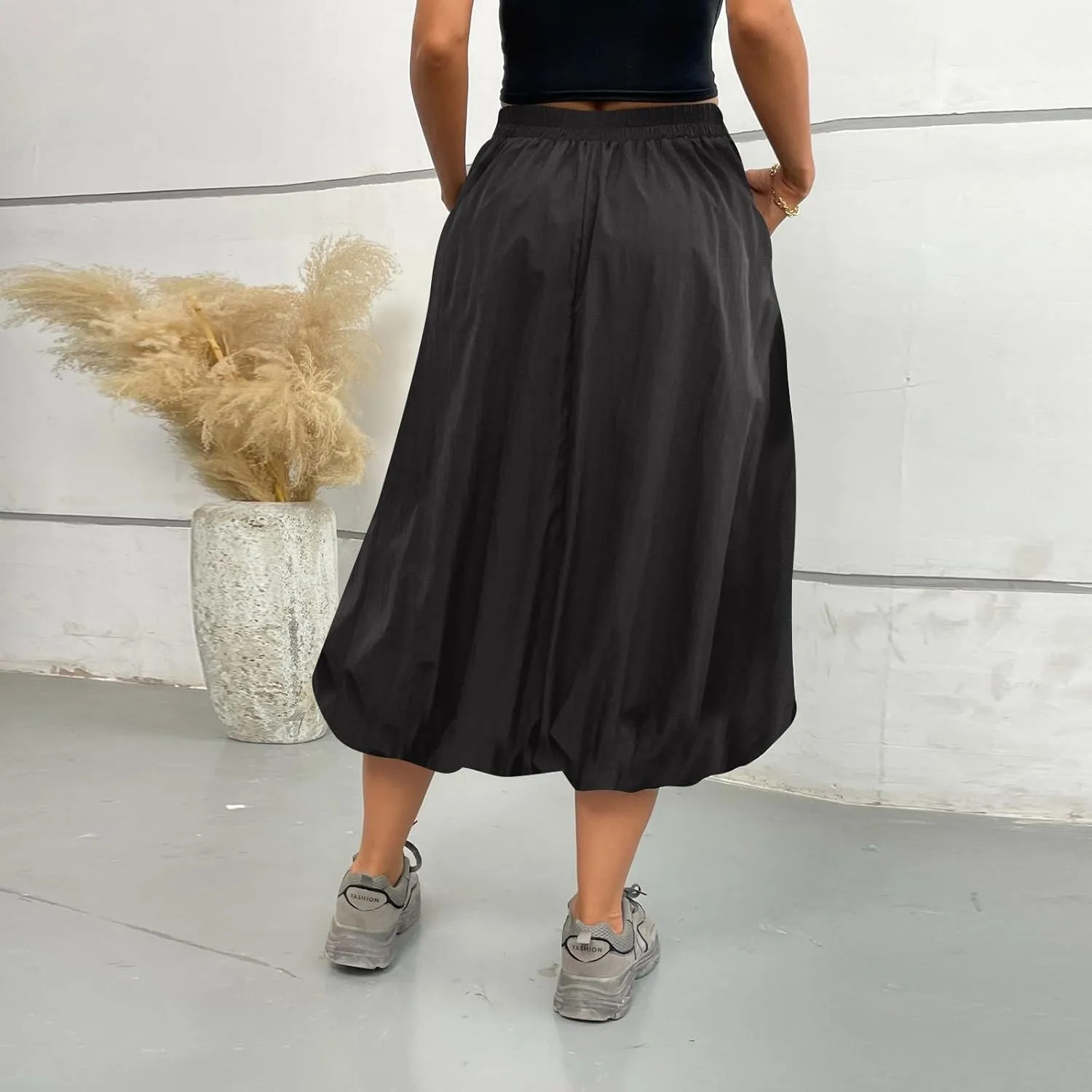 Bubble Skirts for Women Trendy Casual Elastic High Waisted Puffy Flowy Skirt Long Pleated Midi Skirt with Pockets