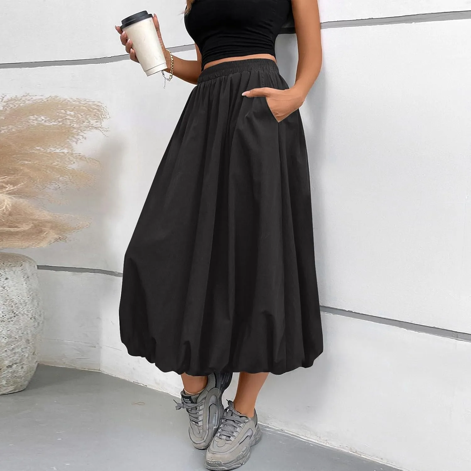 Bubble Skirts for Women Trendy Casual Elastic High Waisted Puffy Flowy Skirt Long Pleated Midi Skirt with Pockets