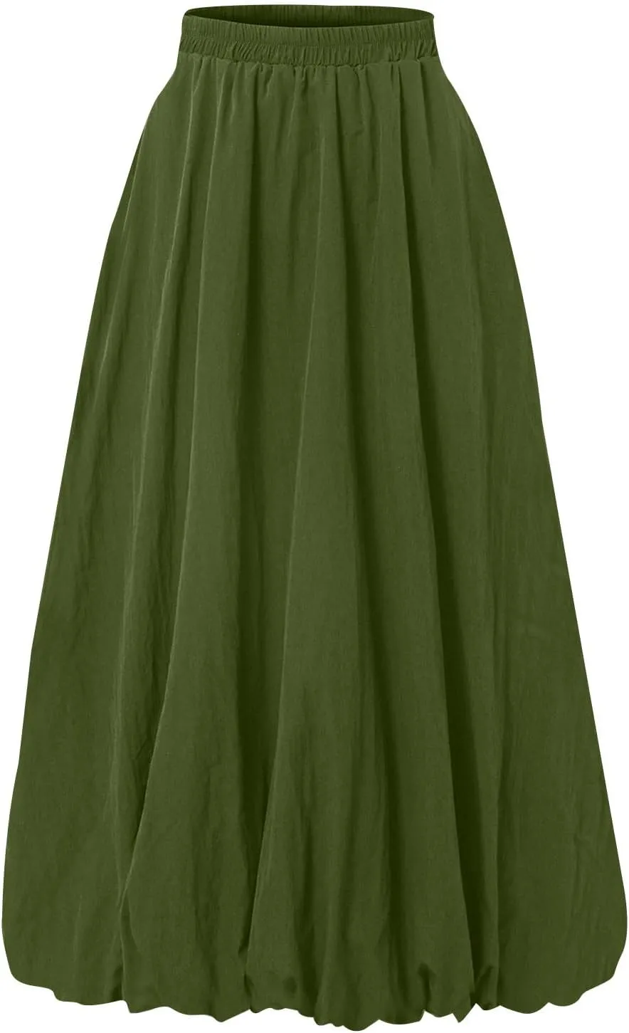 Bubble Skirts for Women Trendy Casual Elastic High Waisted Puffy Flowy Skirt Long Pleated Midi Skirt with Pockets