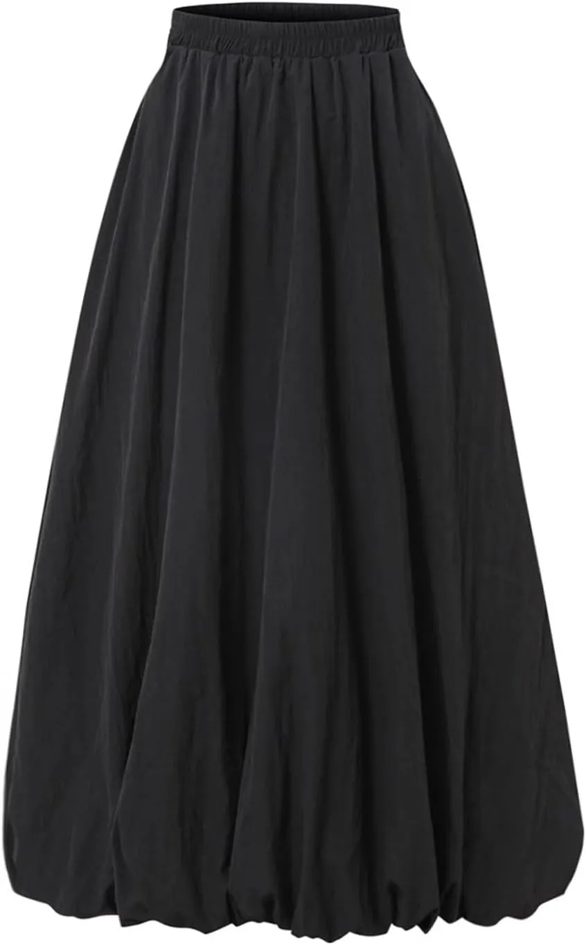 Bubble Skirts for Women Trendy Casual Elastic High Waisted Puffy Flowy Skirt Long Pleated Midi Skirt with Pockets
