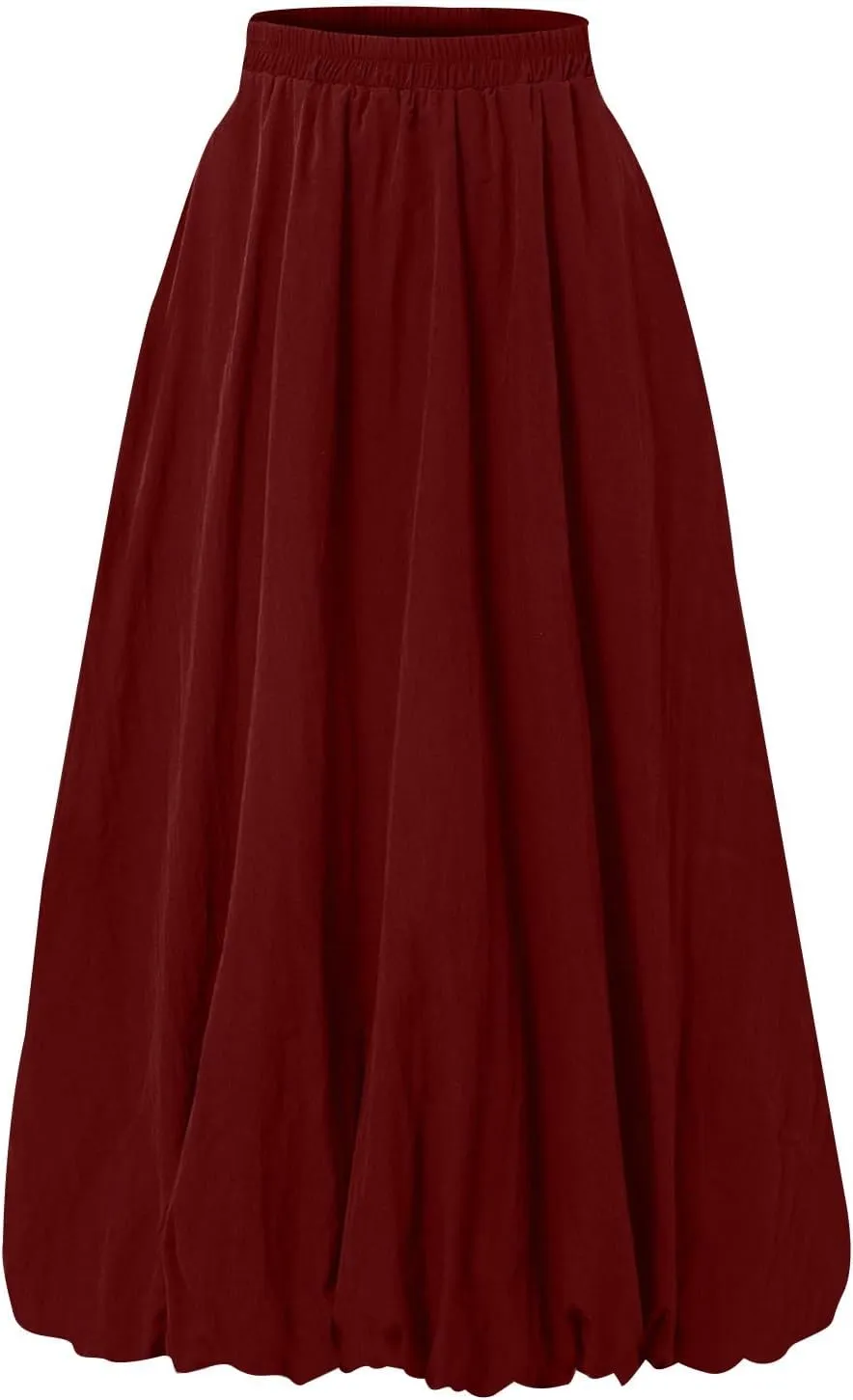 Bubble Skirts for Women Trendy Casual Elastic High Waisted Puffy Flowy Skirt Long Pleated Midi Skirt with Pockets