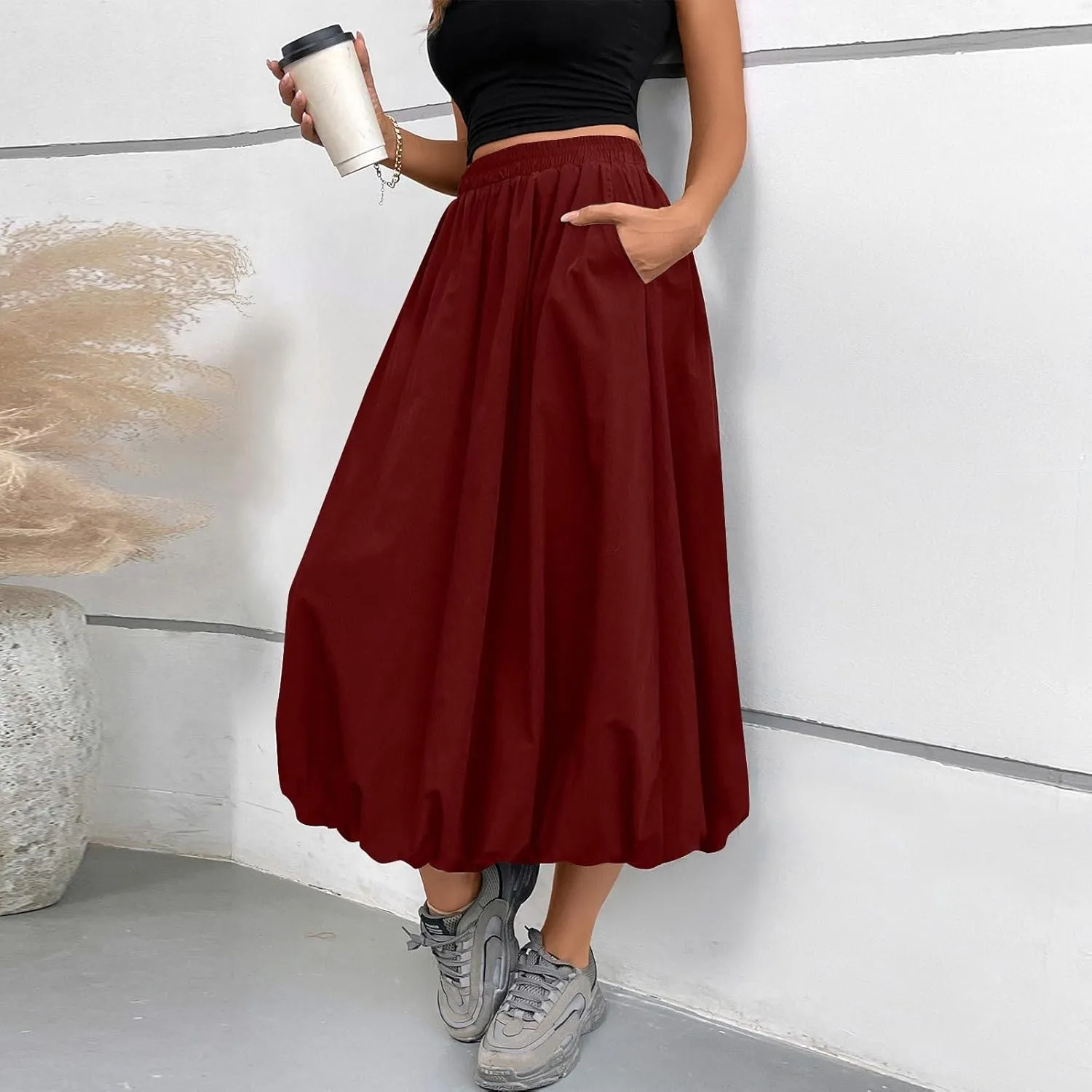 Bubble Skirts for Women Trendy Casual Elastic High Waisted Puffy Flowy Skirt Long Pleated Midi Skirt with Pockets