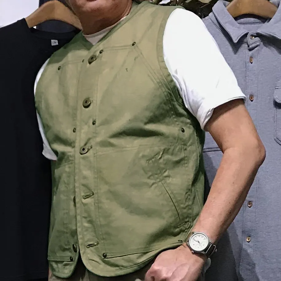 BZEN M.3193-SANCHEZ REGULAR FIT DOUBLE FRONT PANEL VEGGIE DYED CANVAS VEST-12.5OZ-E0 MOSS GREEN
