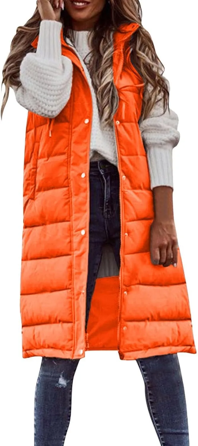 Canbebig Women's Long Quilted Puffer Vest Hooded Sleeveless Zip Up Puffy Jacket Winter Warm Thicken Down Coat Windbreakers