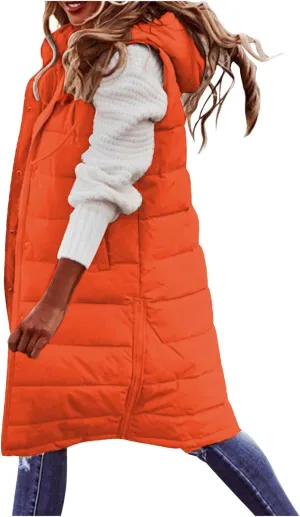 Canbebig Women's Long Quilted Puffer Vest Hooded Sleeveless Zip Up Puffy Jacket Winter Warm Thicken Down Coat Windbreakers