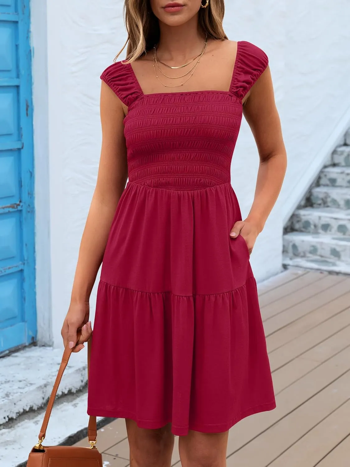 Caracilia Sundresses for Women 2025 Summer Boho Sleeveless Smocked Square Neck Mini Dress Cover Up Beach Vacation Clothes