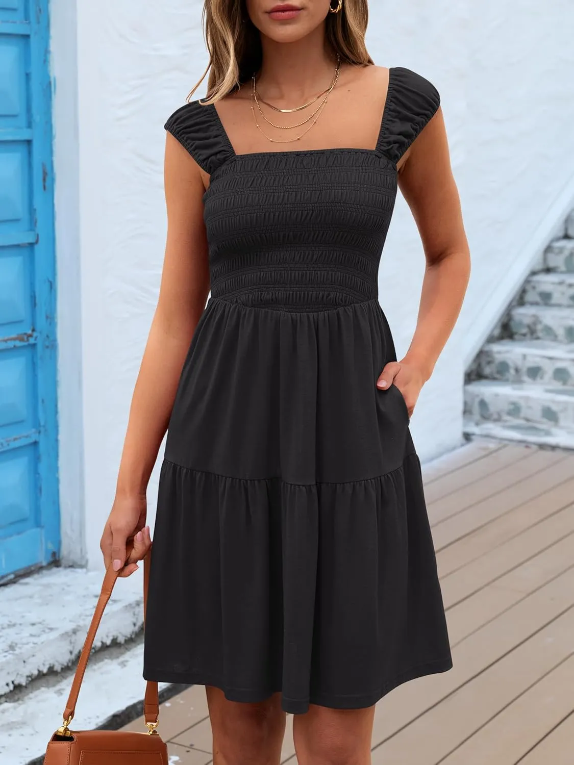 Caracilia Sundresses for Women 2025 Summer Boho Sleeveless Smocked Square Neck Mini Dress Cover Up Beach Vacation Clothes