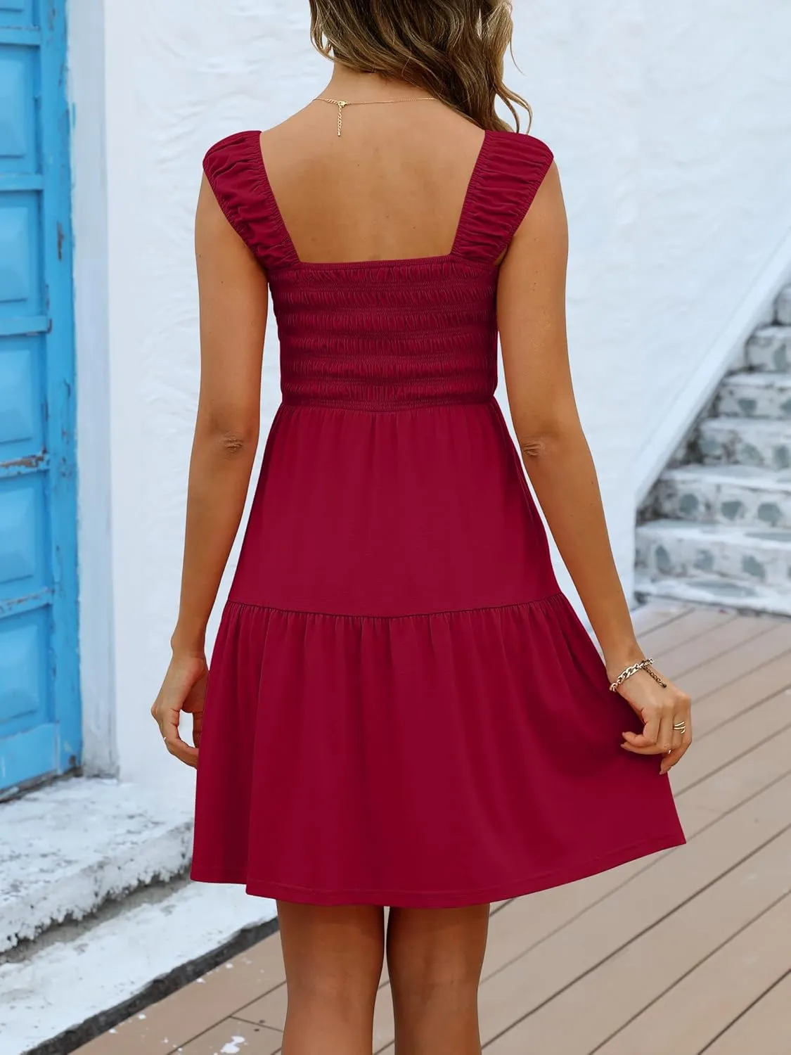 Caracilia Sundresses for Women 2025 Summer Boho Sleeveless Smocked Square Neck Mini Dress Cover Up Beach Vacation Clothes