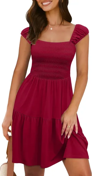 Caracilia Sundresses for Women 2025 Summer Boho Sleeveless Smocked Square Neck Mini Dress Cover Up Beach Vacation Clothes