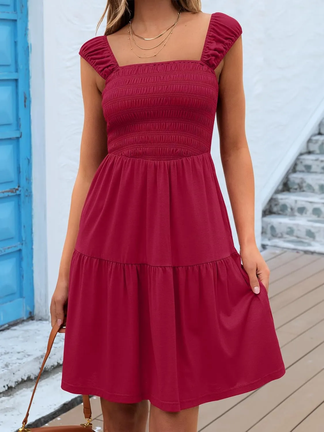 Caracilia Sundresses for Women 2025 Summer Boho Sleeveless Smocked Square Neck Mini Dress Cover Up Beach Vacation Clothes