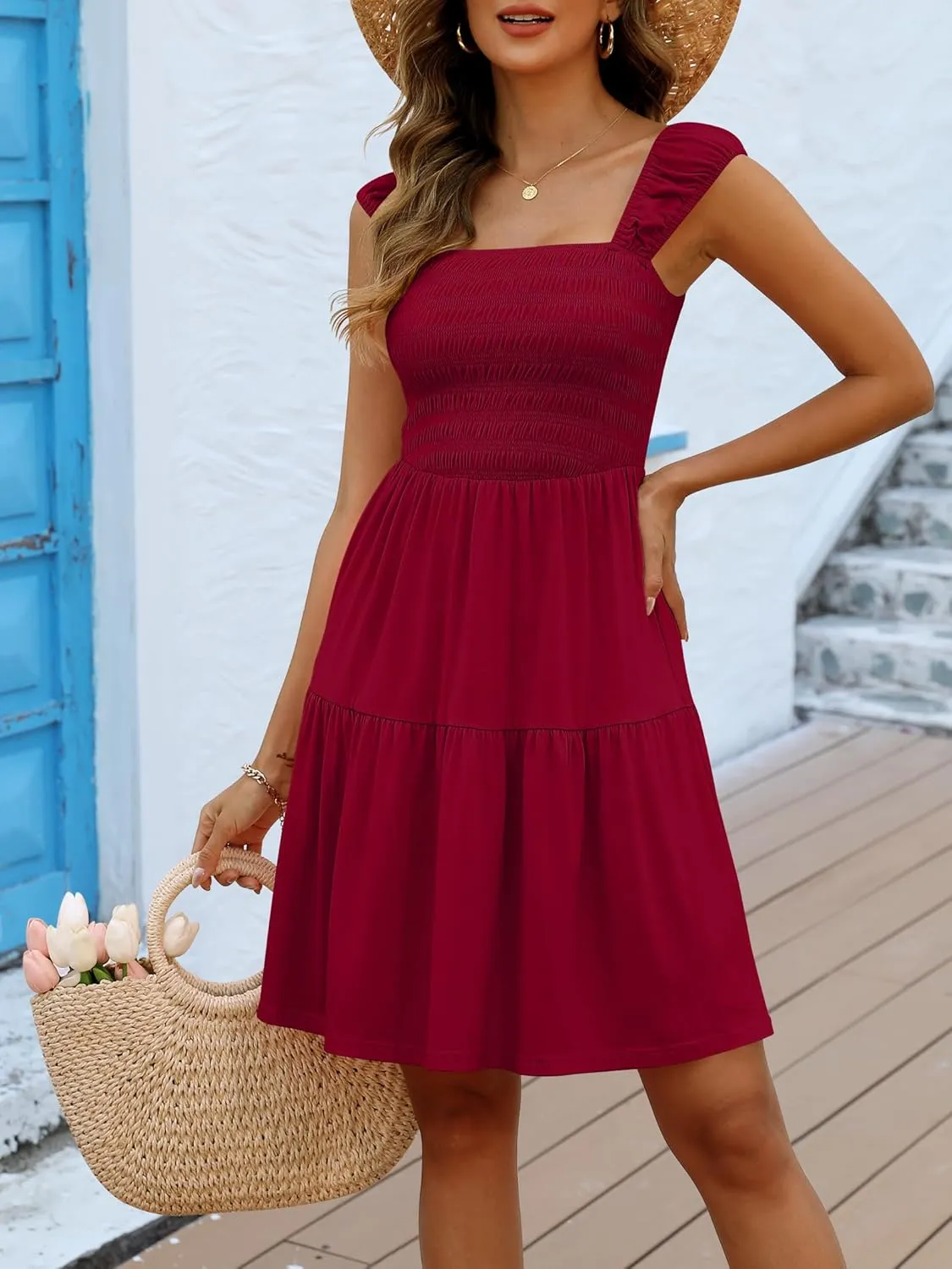 Caracilia Sundresses for Women 2025 Summer Boho Sleeveless Smocked Square Neck Mini Dress Cover Up Beach Vacation Clothes