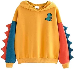 Casual Loose Color Block Long Sleeve Dinosaur Hoodies Pullover Tops Hooded Sweatshirt