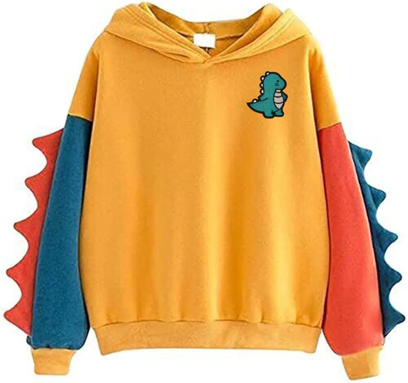 Casual Loose Color Block Long Sleeve Dinosaur Hoodies Pullover Tops Hooded Sweatshirt