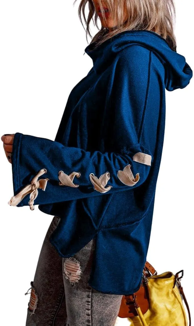CHARTOU Women's Slouchy Hoodie Oversized Lace Up Flared Sleeve Stacked Cowl Collar Sweatshirt Tops