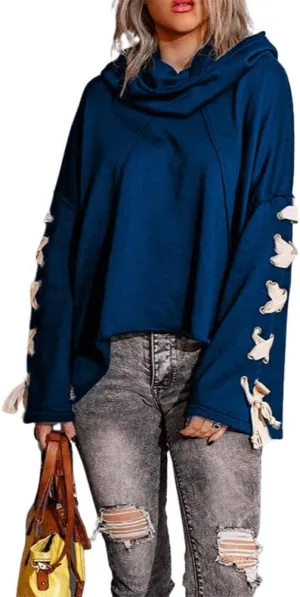 CHARTOU Women's Slouchy Hoodie Oversized Lace Up Flared Sleeve Stacked Cowl Collar Sweatshirt Tops