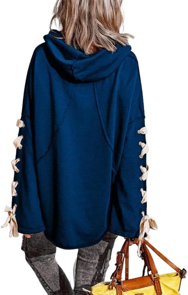 CHARTOU Women's Slouchy Hoodie Oversized Lace Up Flared Sleeve Stacked Cowl Collar Sweatshirt Tops