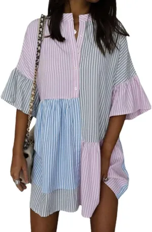chouyatou Women Summer Color Block Flutter Sleeve Shirt Dress Button Down Striped Midi Dress with Pockets
