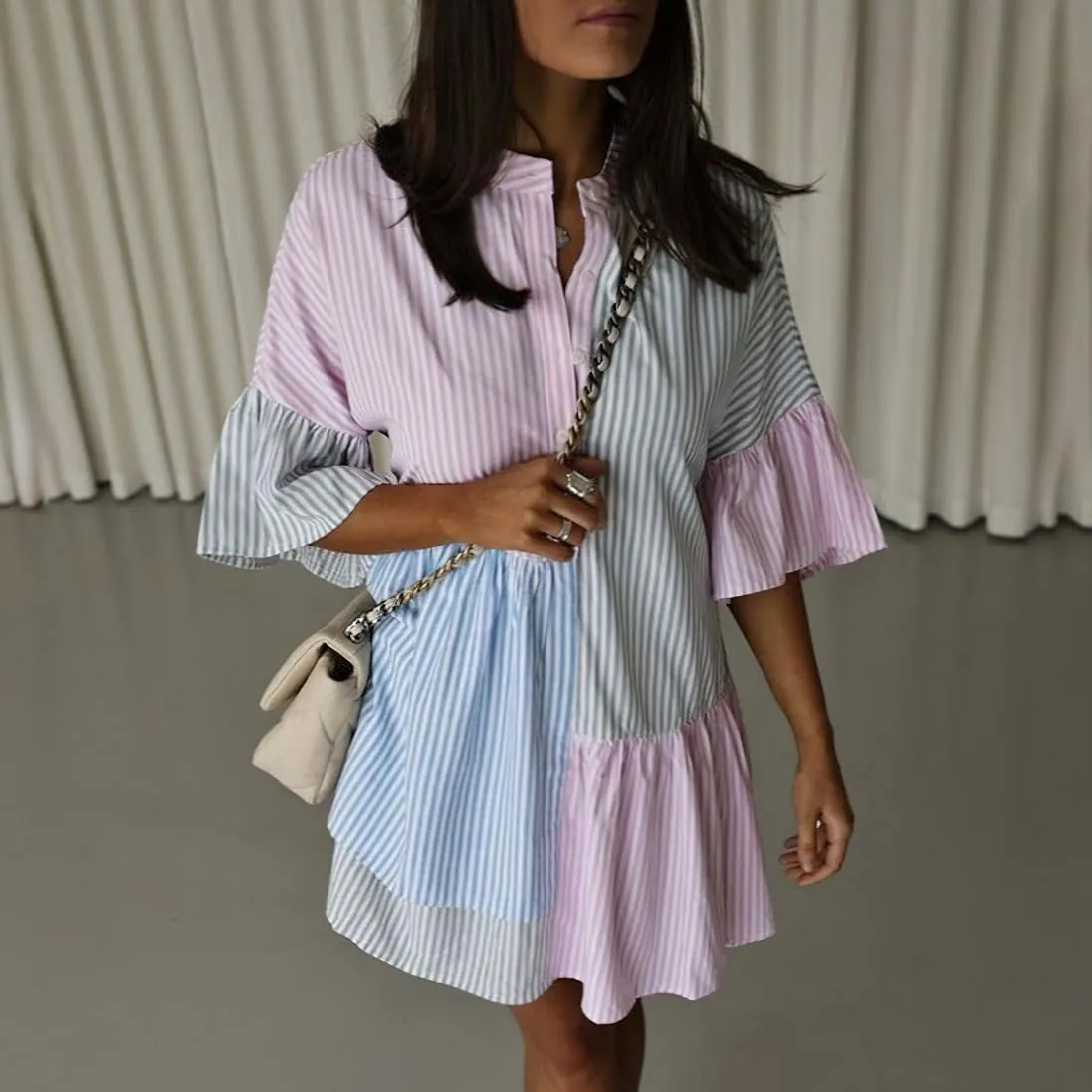 chouyatou Women Summer Color Block Flutter Sleeve Shirt Dress Button Down Striped Midi Dress with Pockets