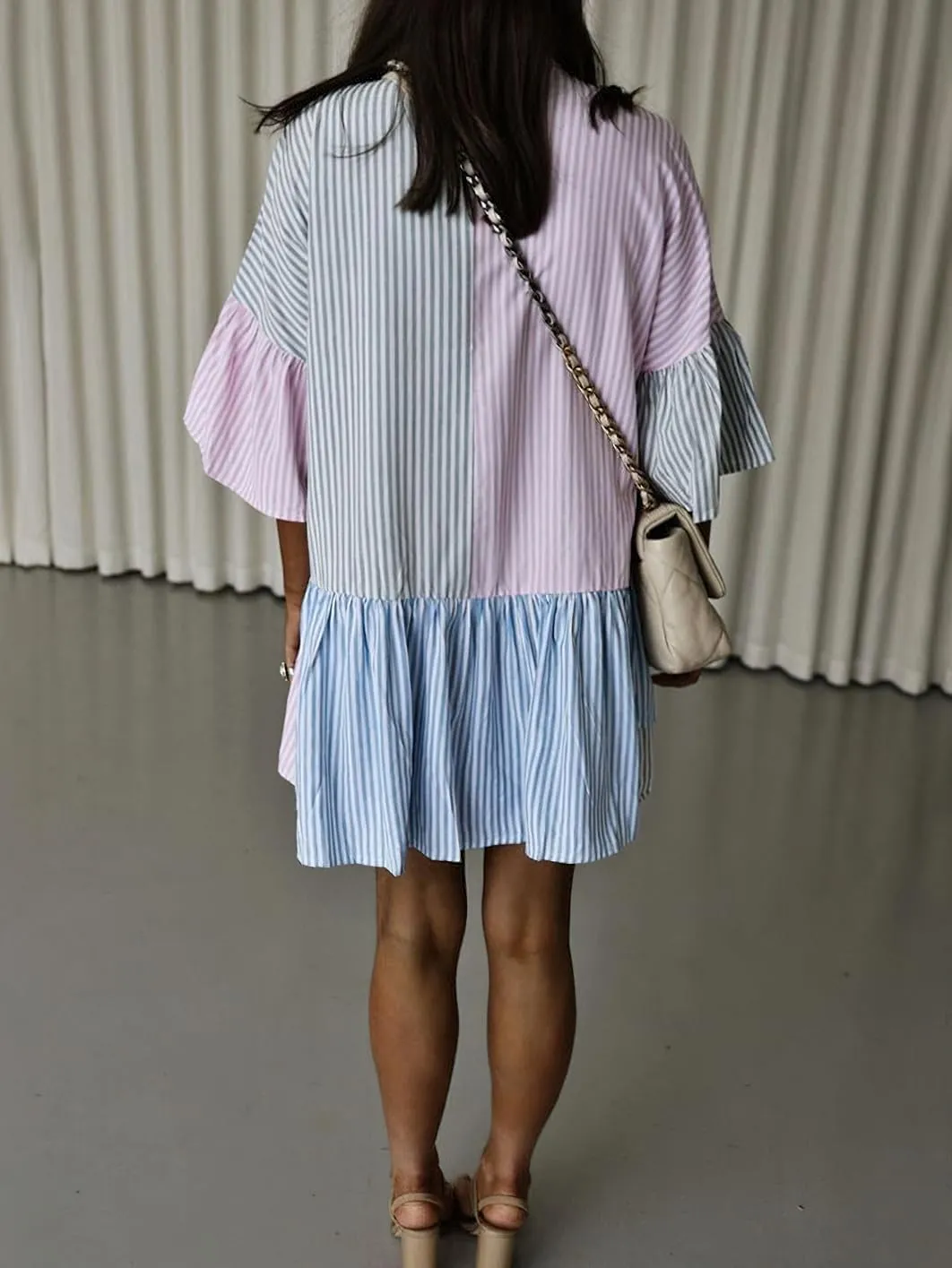 chouyatou Women Summer Color Block Flutter Sleeve Shirt Dress Button Down Striped Midi Dress with Pockets