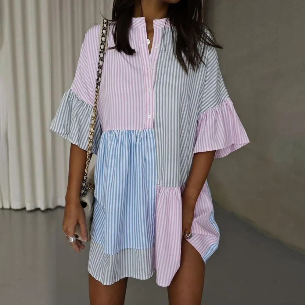 chouyatou Women Summer Color Block Flutter Sleeve Shirt Dress Button Down Striped Midi Dress with Pockets